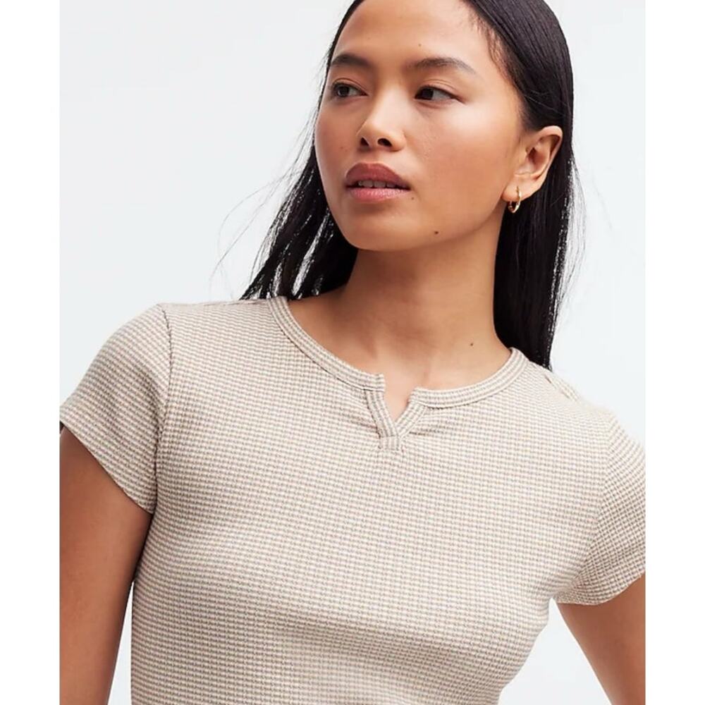 Madewell Ribbed Split Neck Short Sleeve Casual Tshirt US Women's XL New